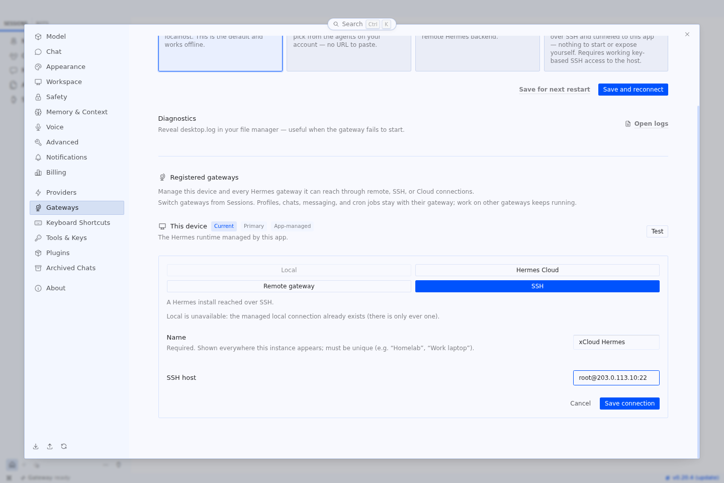 Connect Hermes Desktop to a Remote xCloud Hermes Agent via SSH

