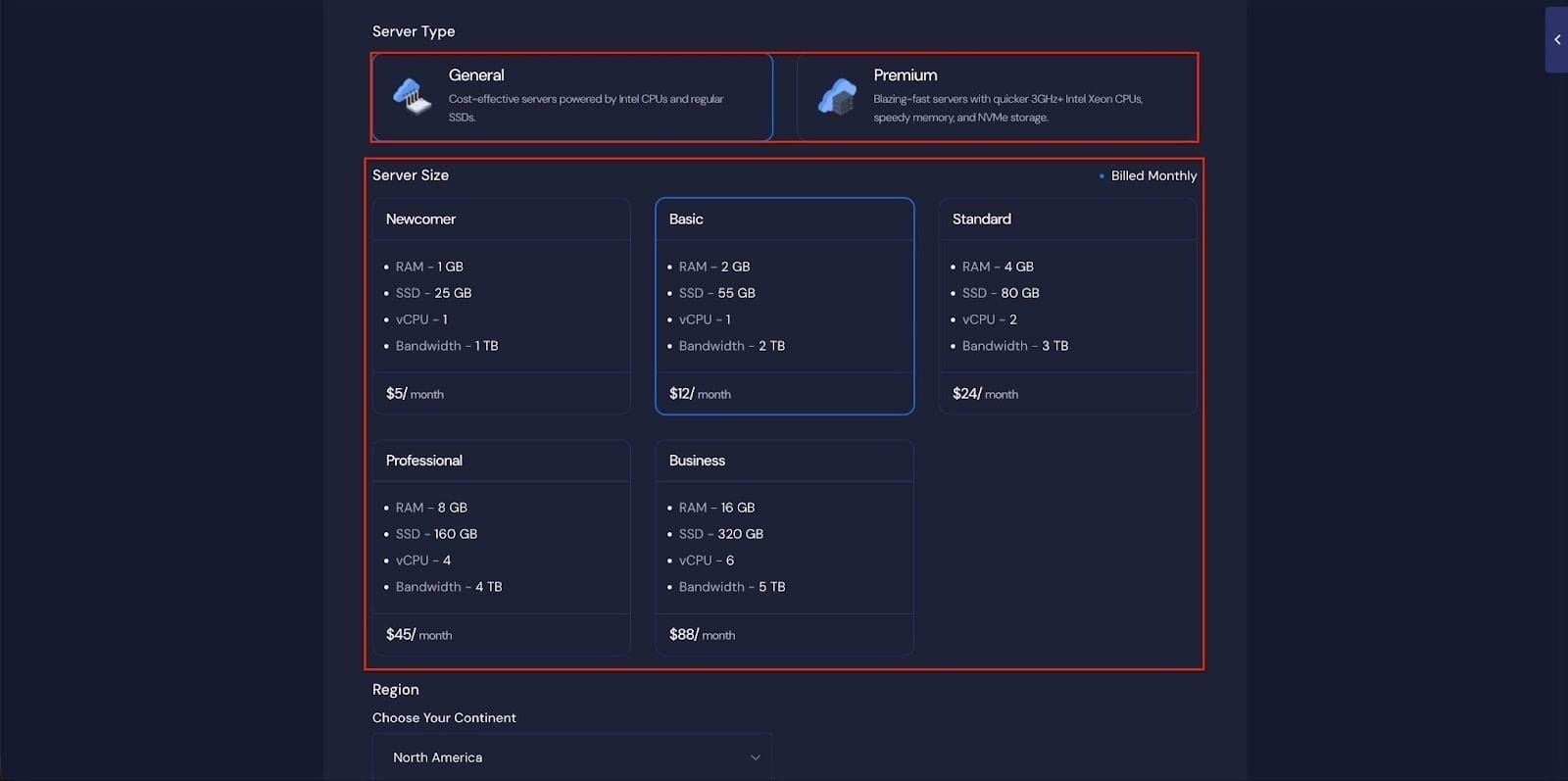 Next, choose between the general and premium options based on your requirements.