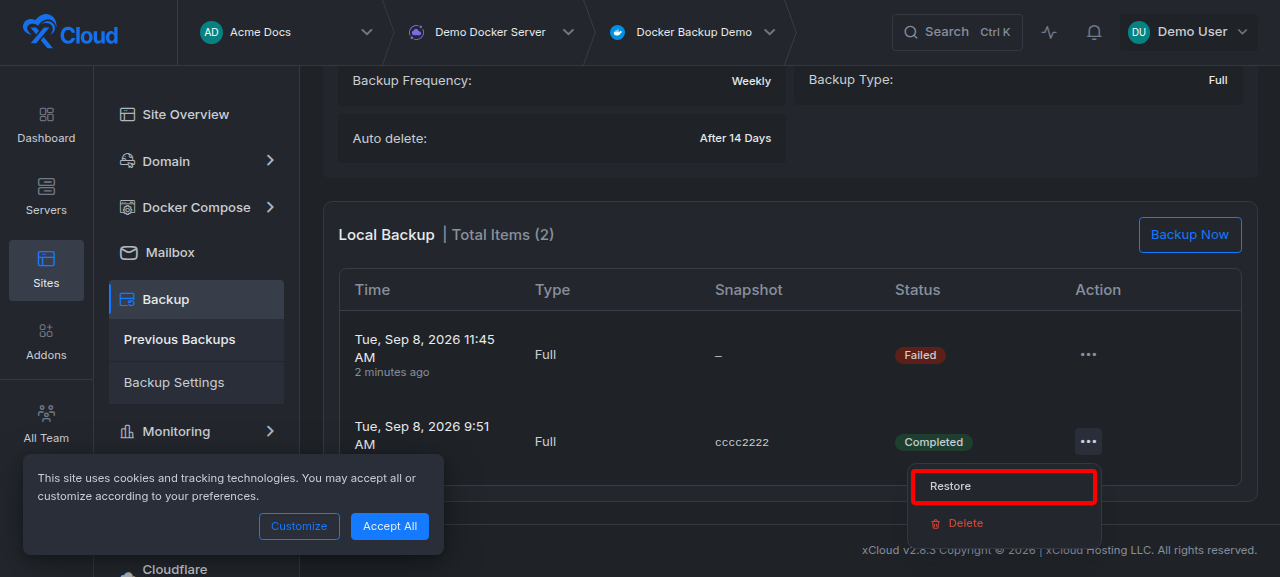 Completed Docker backup action menu with Restore highlighted
