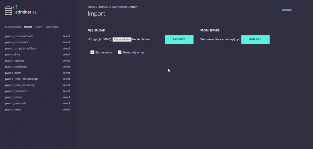 access site database using Adminer