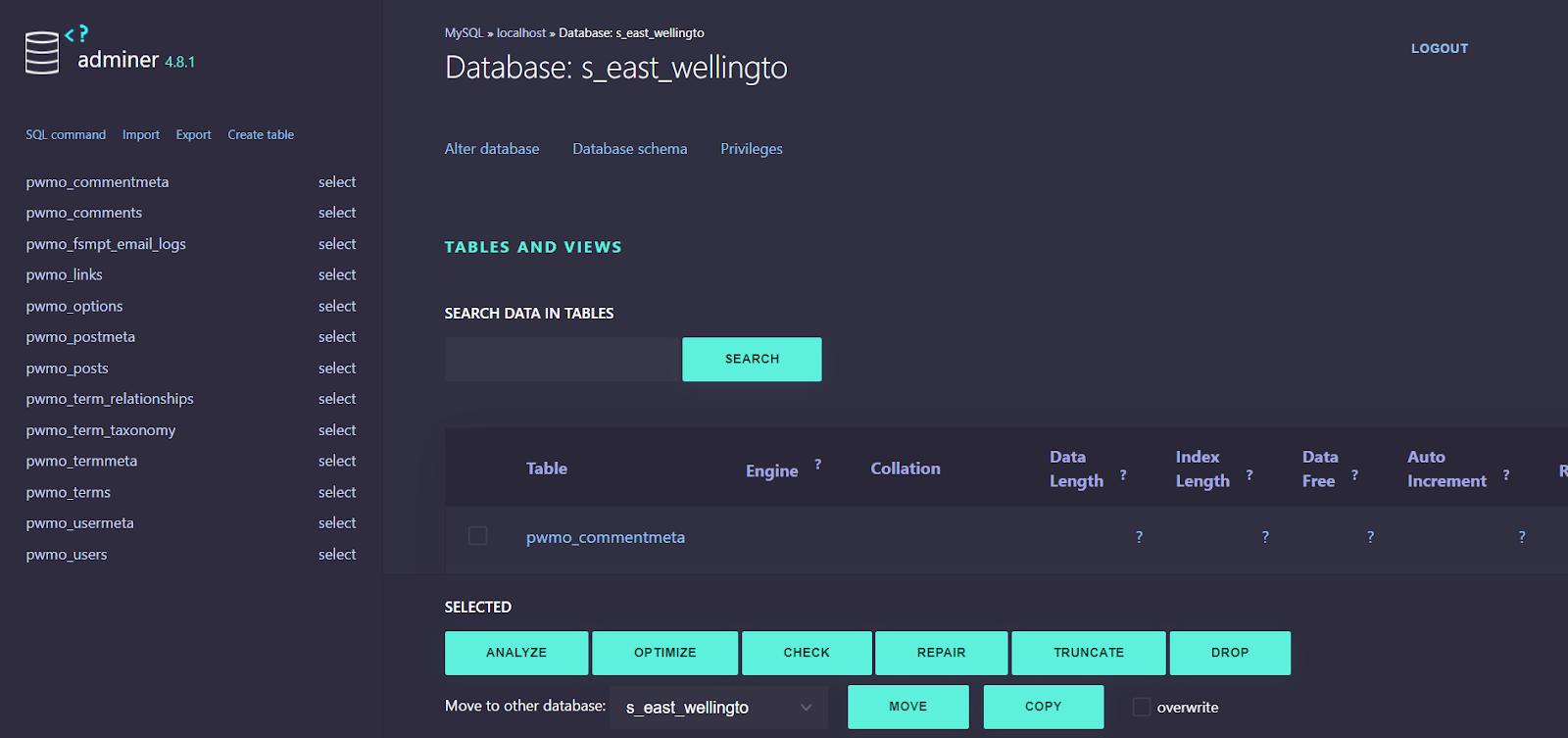 access site database using Adminer