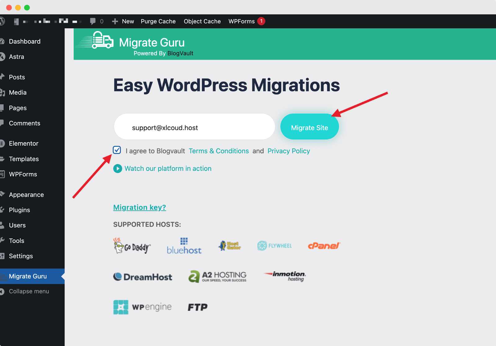 migrate a website with Migrate Guru in xCloud