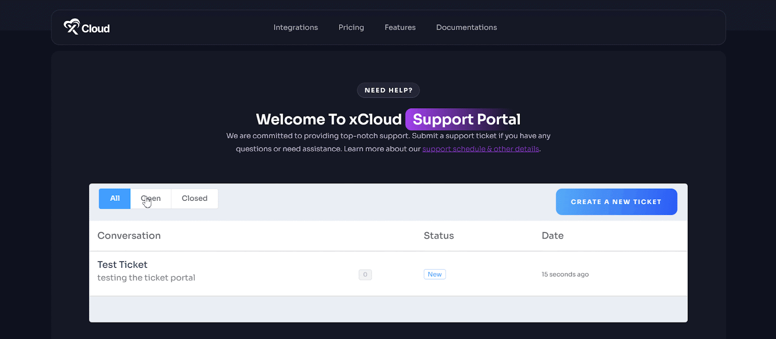 support ticket portal in xCloud