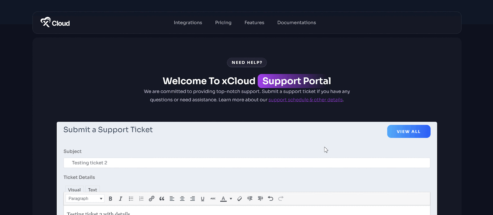 support ticket portal in xCloud