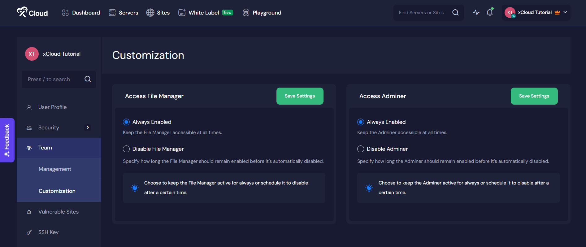 File Manager and Adminer in xCloud