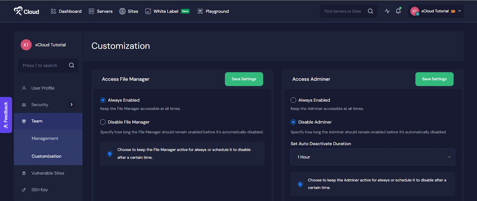 File Manager and Adminer in xCloud