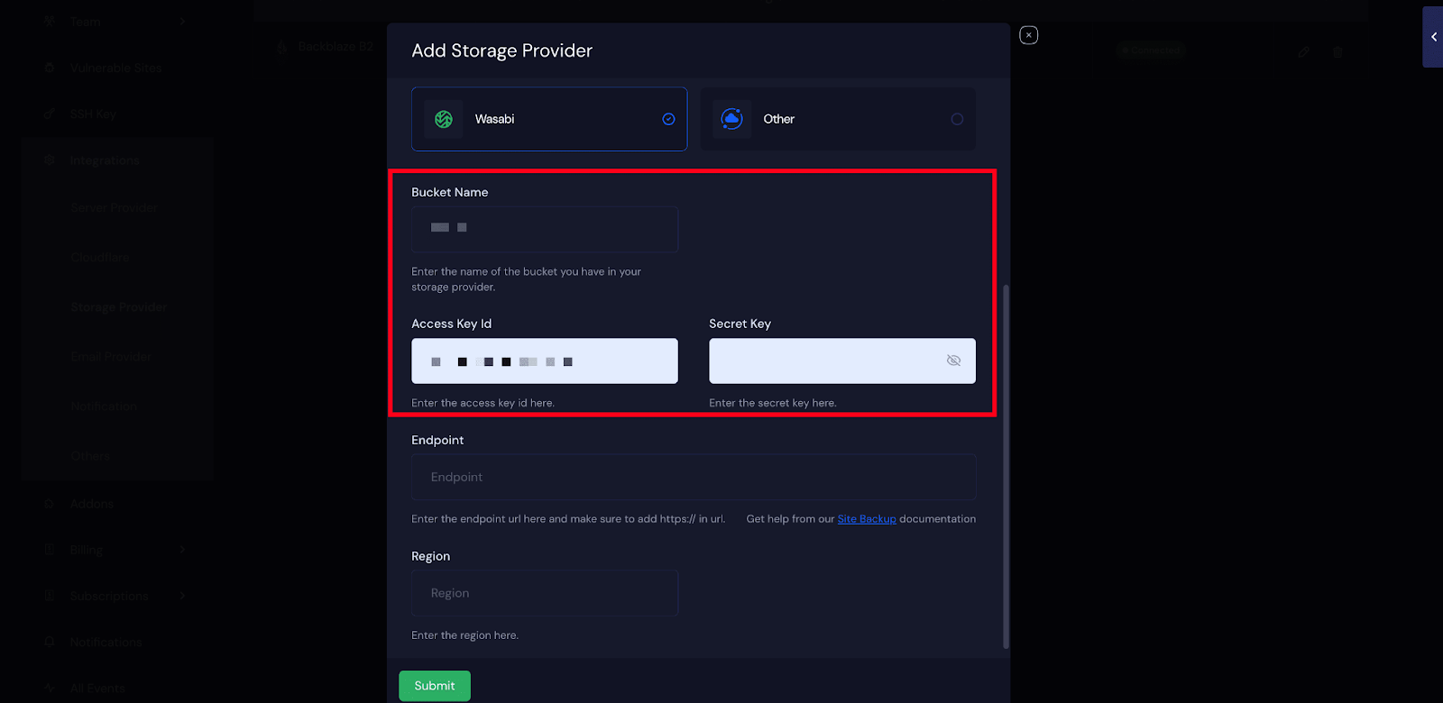 Integrate Wasabi Storage Provider