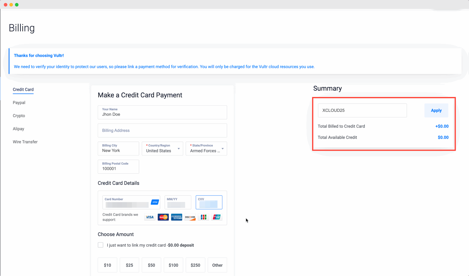 Signup in Vultr with xCloud Promo