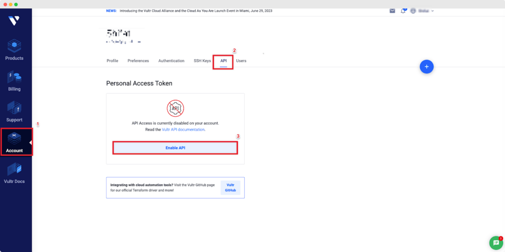 Collect API key from Vultr