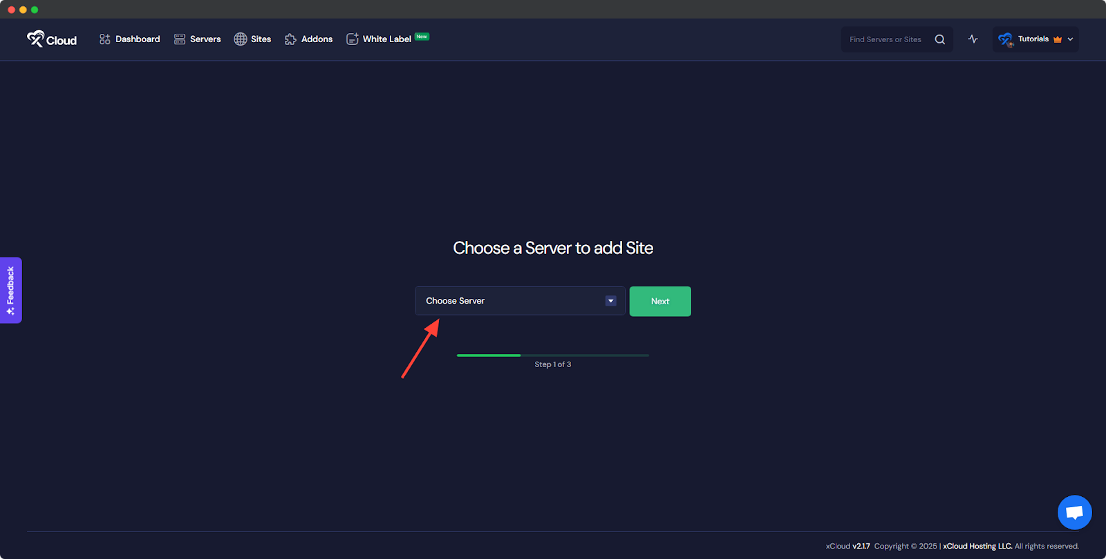 Choose a server to add site