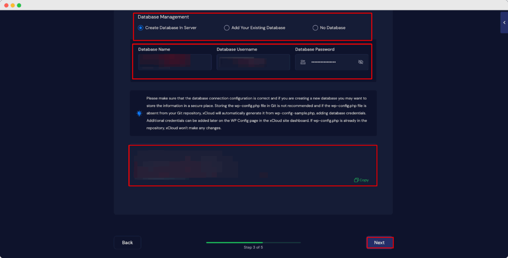 enter your Database Name, Database Username and Database Password