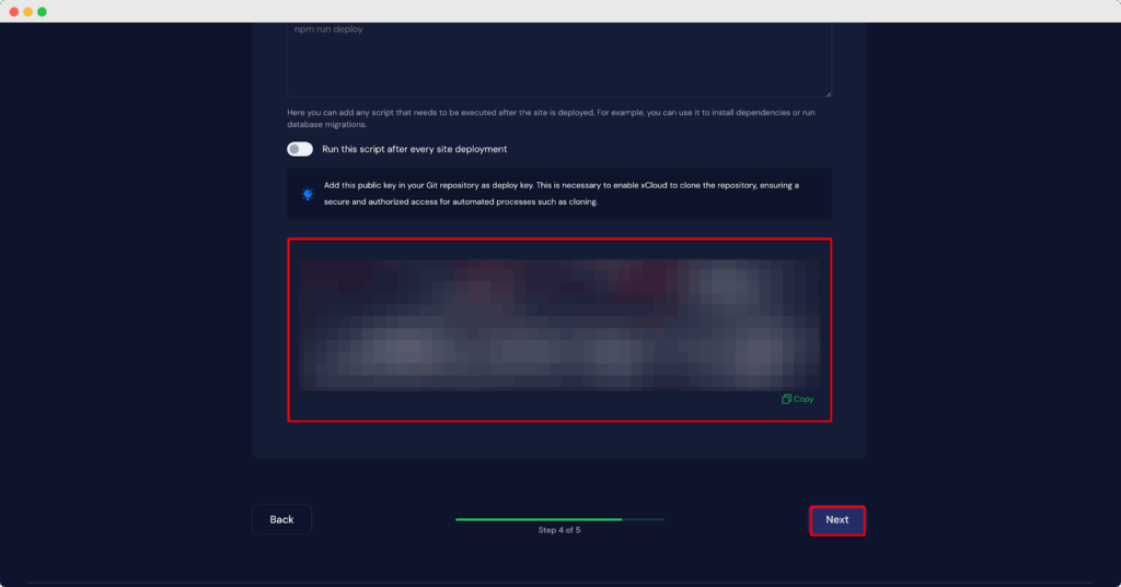 After inserting the deploy key in GitHub, click on Next on your xCloud settings of the Git Repo tab.