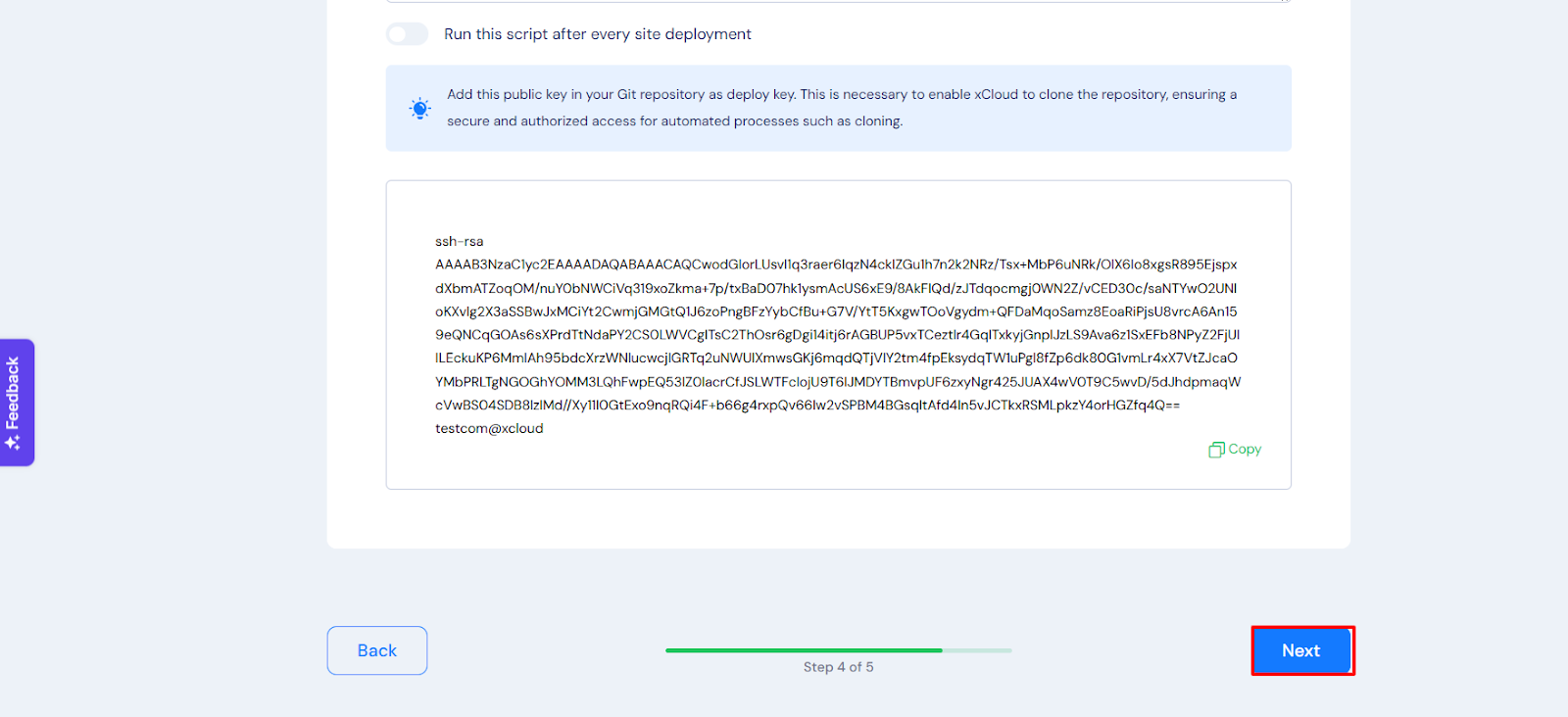After inserting the deploy key in GitHub, click on โNextโ on your xCloud settings of the โGit Repoโ tab.ย ย