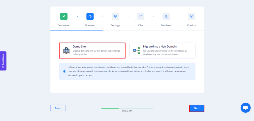 Select โDemo Siteโ and then click on the โNextโ button.