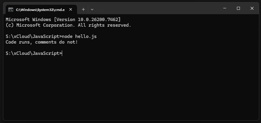 Output of code runs, comments do not
