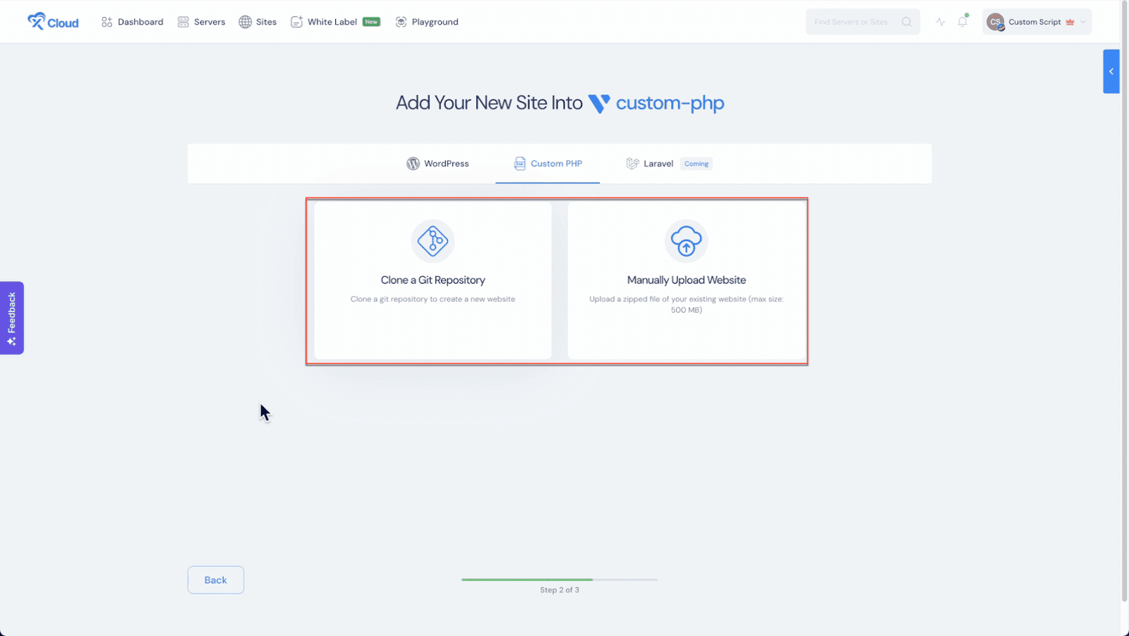 Then choose your preferredย way from โClone a Git Repositoryโ and โManually Upload a Websiteโ options.