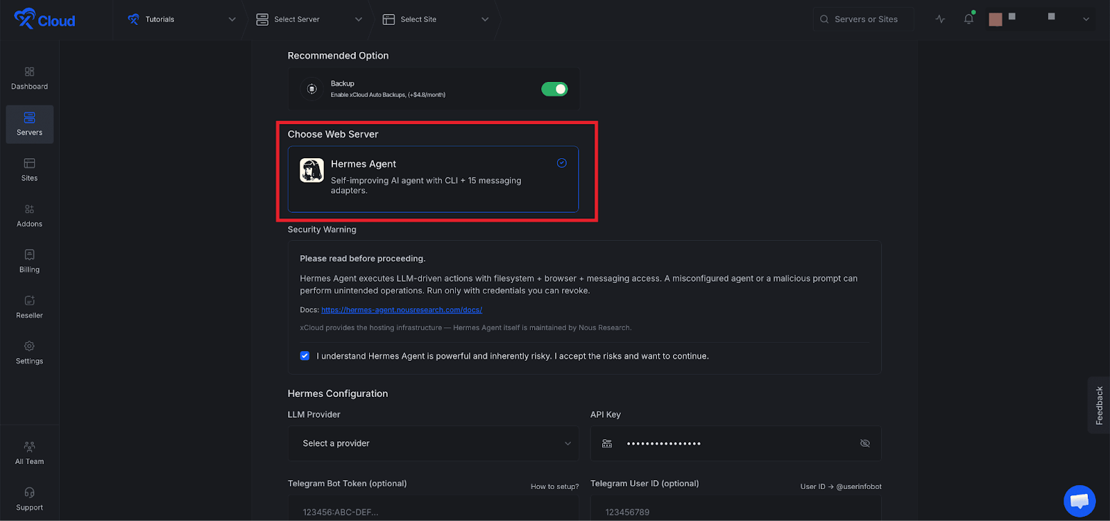 Deploy Hermes Agent with xCloud
