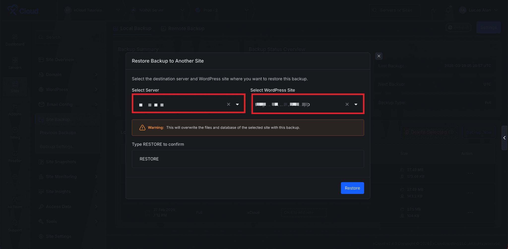 Restore a Backup To Another Site