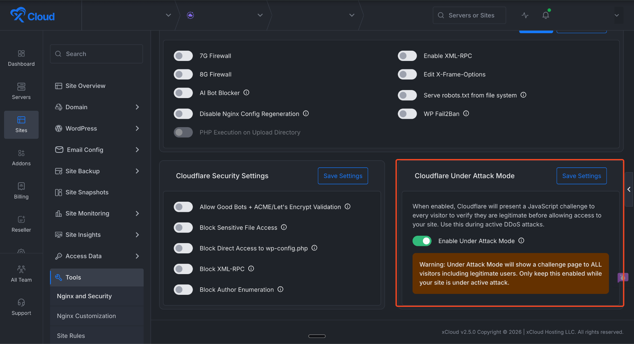 enable Cloudflare Under Attack mode