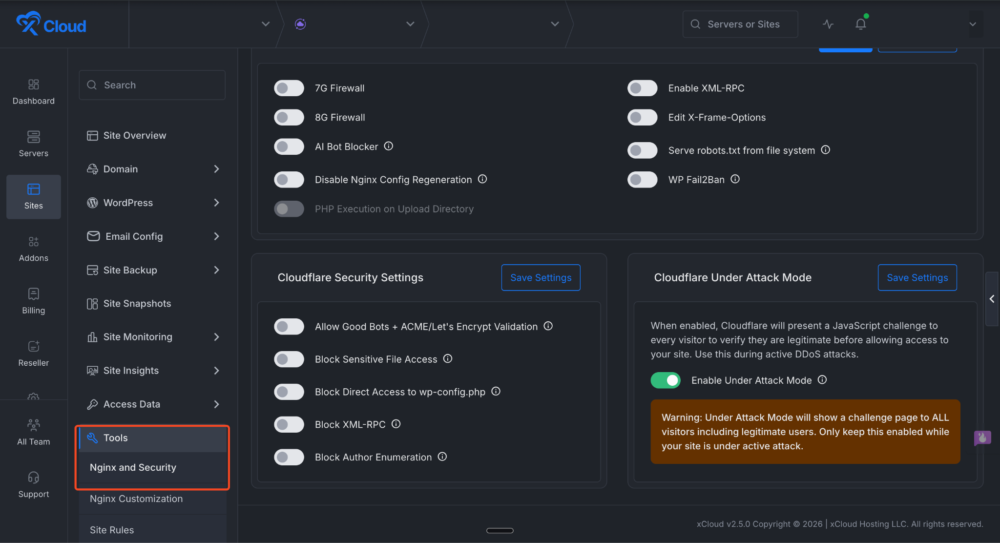 enable Cloudflare Under Attack mode